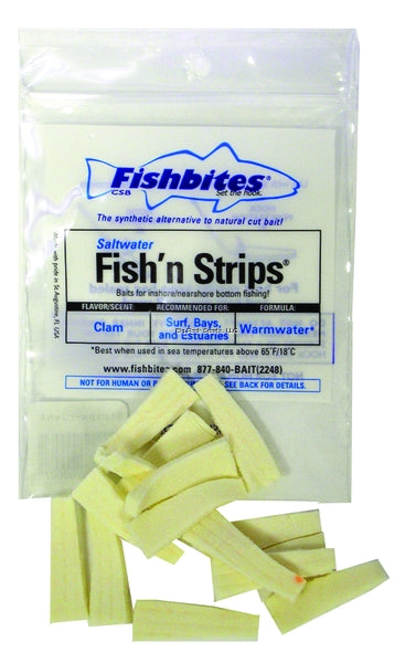 Fishbites Fish'N Strips Clam Long Lasting Bait, 1-1/2, 15pk, Flesh