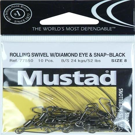 Mustad Rolling Swivel w/Diamond Eye&Snap 10pk Black