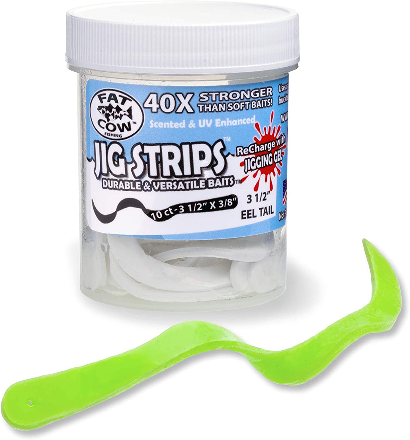 Fat Cow Jig Strips Eel Tail 3 1/2" X 3/8" Scented, Chartreuse