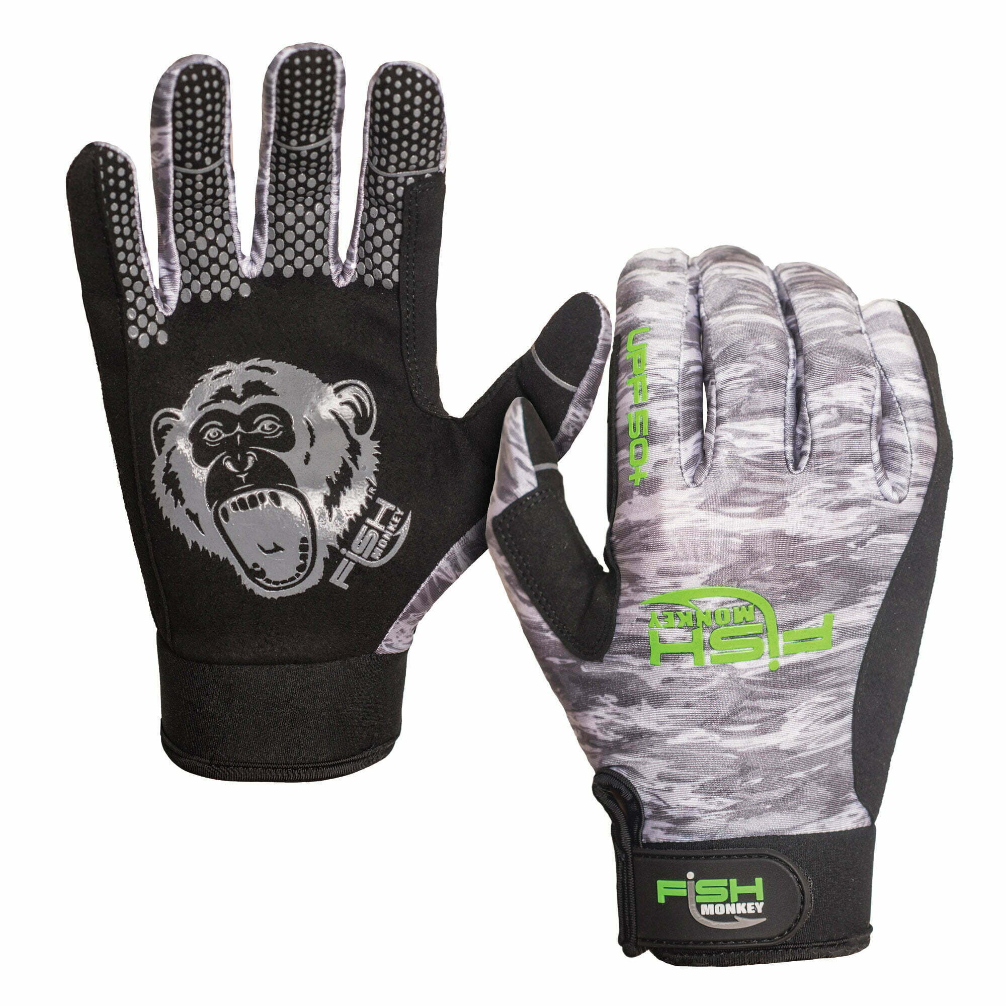 Fish Monkey Pro 1/2 Finger Guide Fishing Gloves – Gray Water Camo, Choose Size