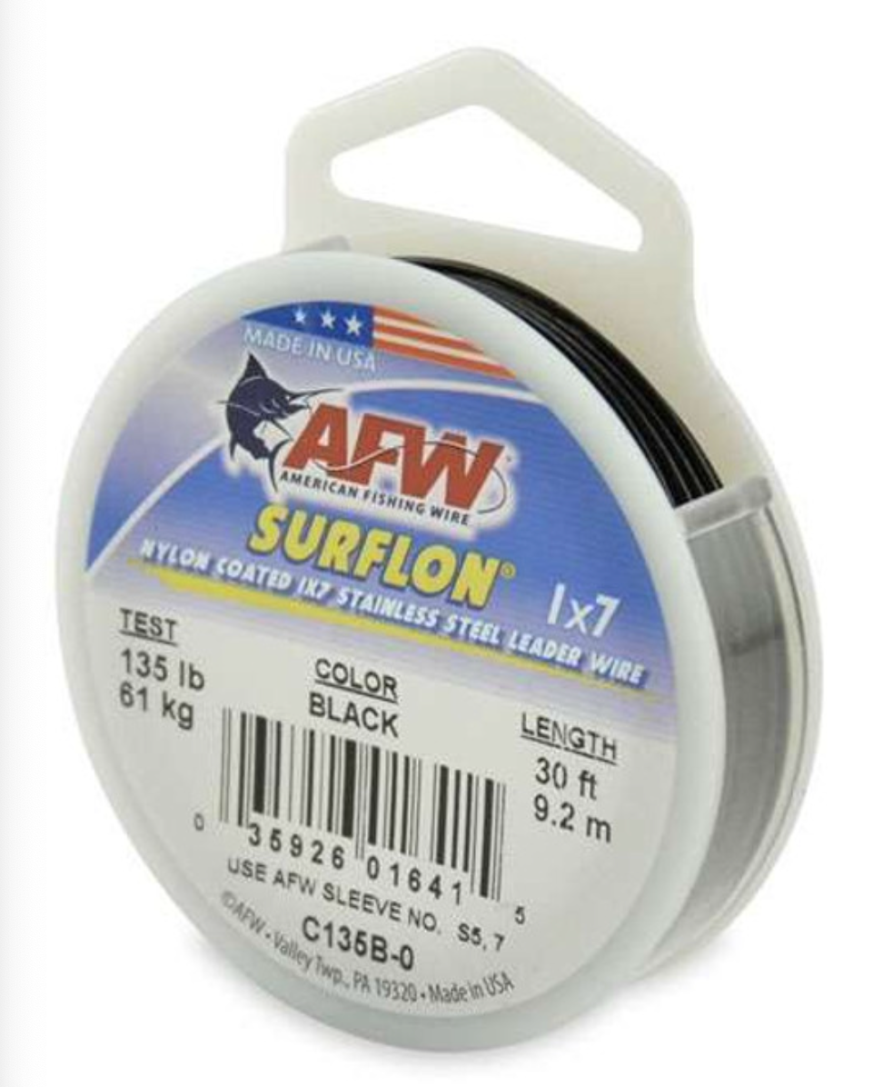 AFW 135lb Surflon Nylon Coated 1x7 SS Leader Wire Black 30ft