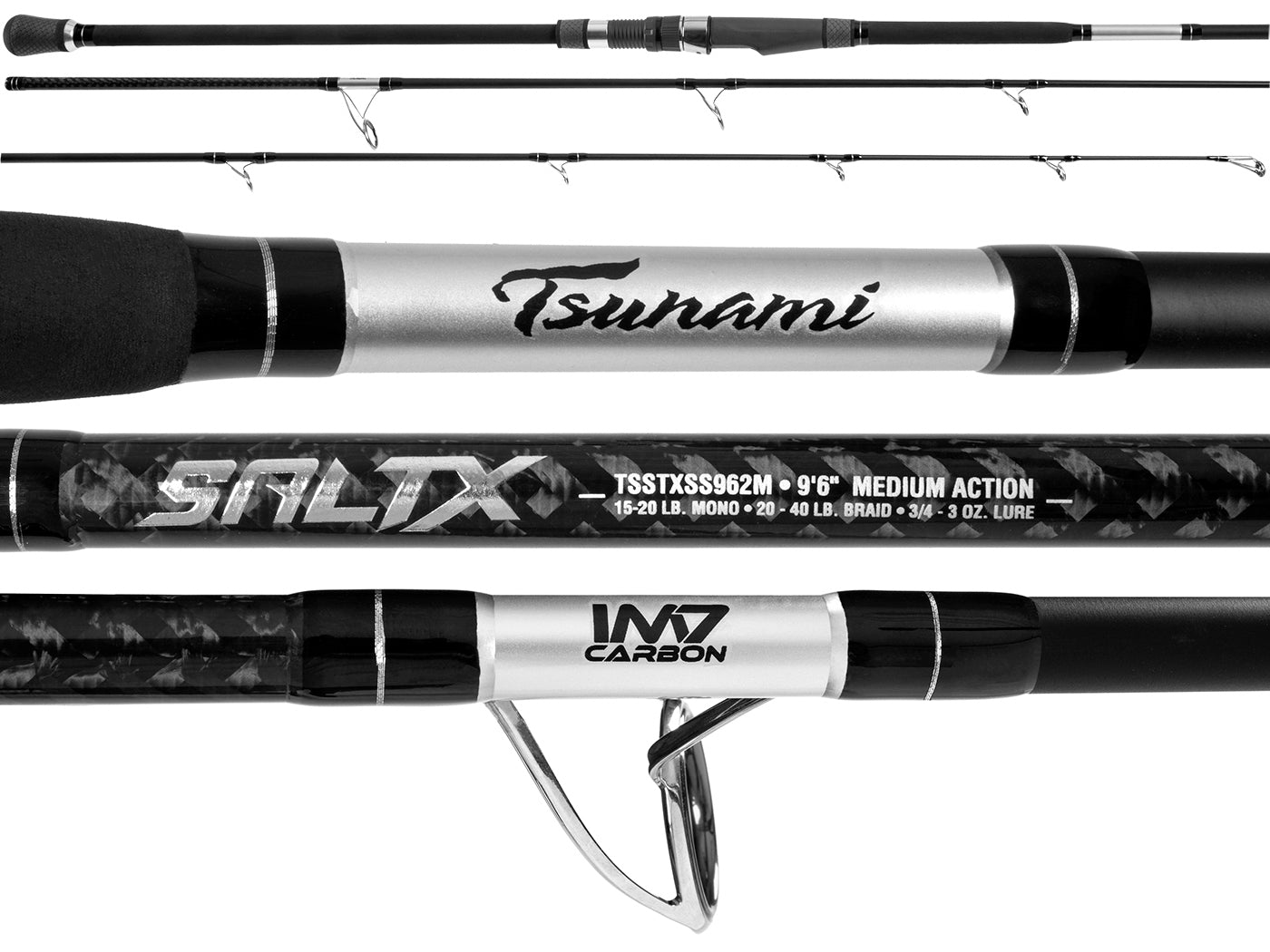 tsunami 3 piece surf rod 9-foot Carbon Shield III Spinning Tsunami Fishing Tackle Tsunami Carbon Shield III surf rods deliver light Tsunami Trophy II TSTIISS-902MH Surf