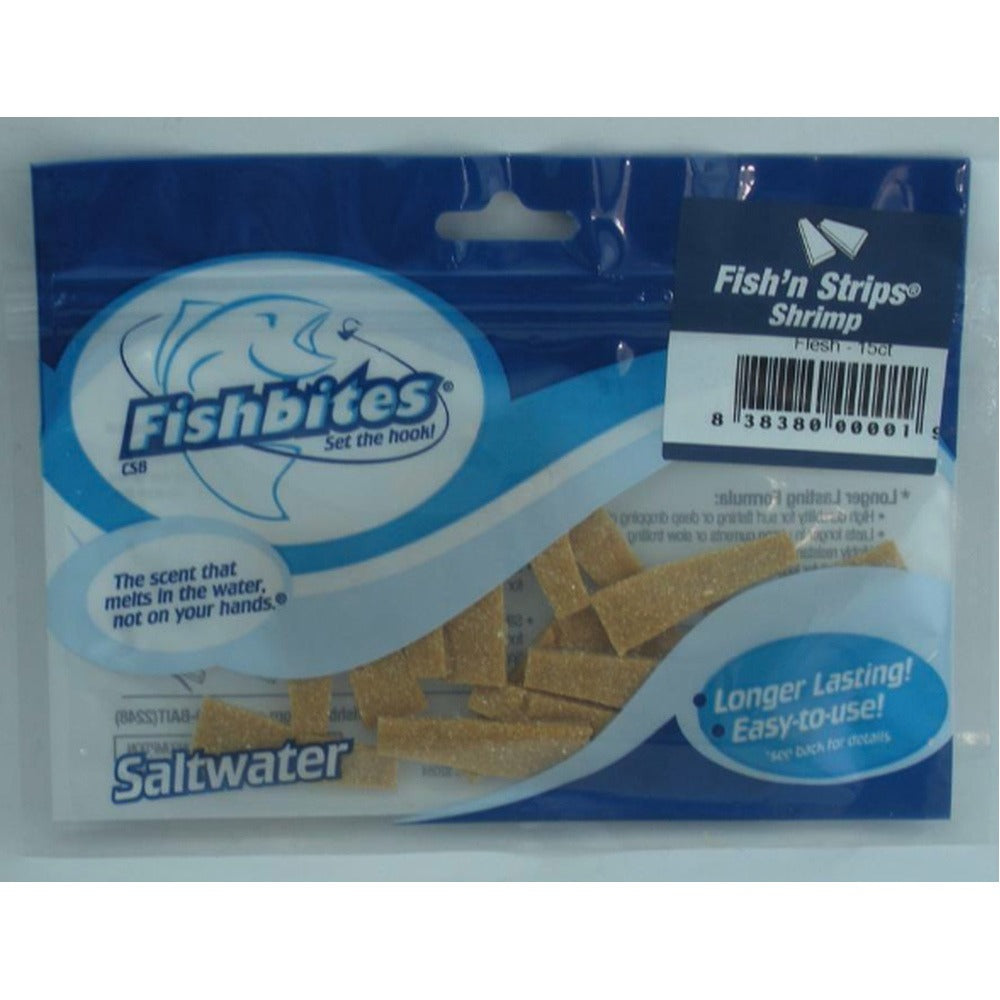 Fishbites Fish'N Strips Shrimp Longer Lasting Bait Strips, 1-1/2", 15pk