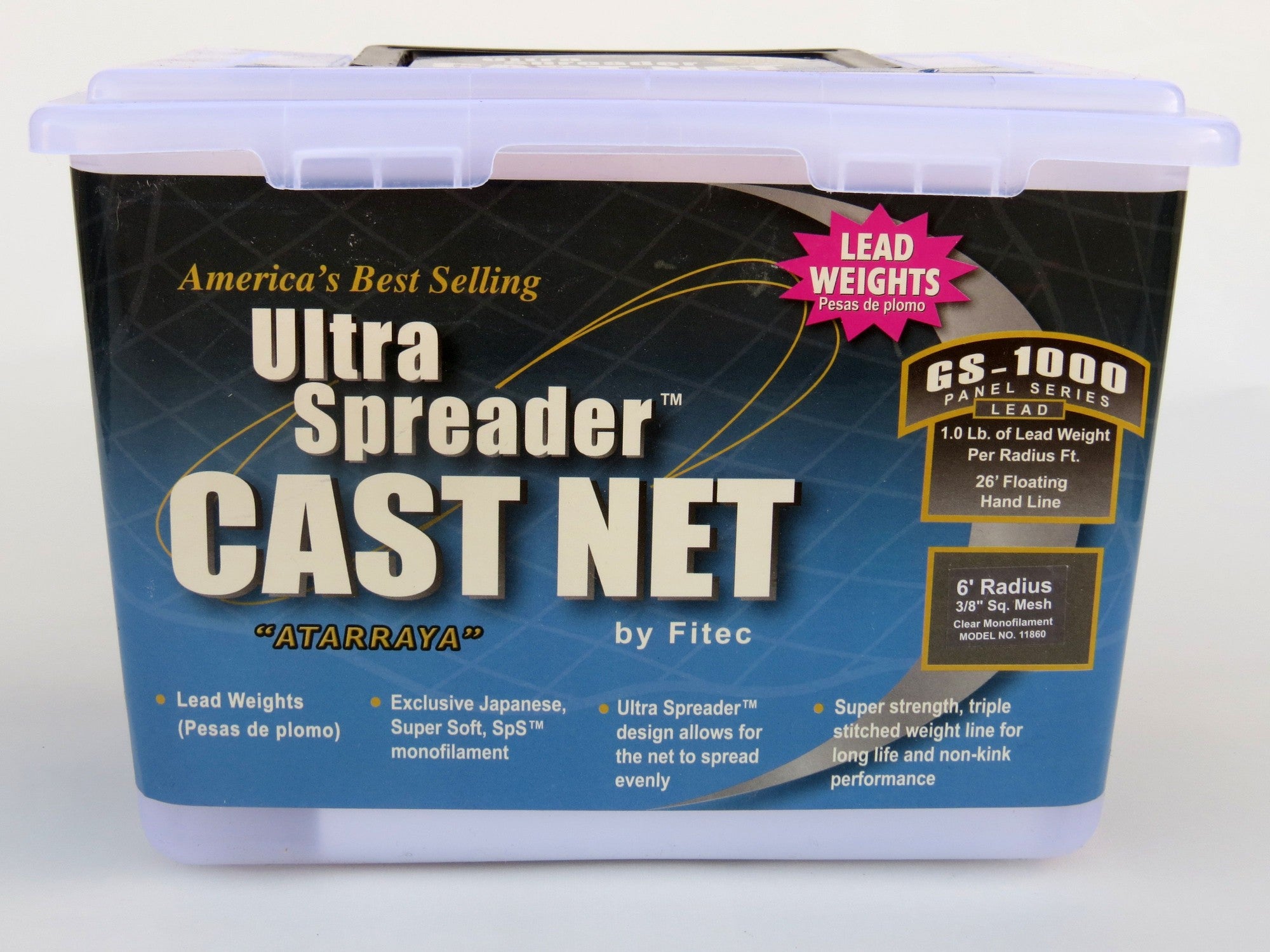 Fitec 10370 GS1000 Ultra Spreader Cast Net Clear Mono Lead 1" Mesh, 7'