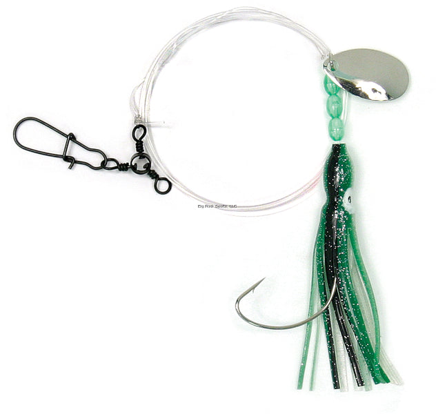 Sea Striker Squid Skirt Rig with Spinner, 3", 1/0 Wide Gap Hook, Green/Black Stripe