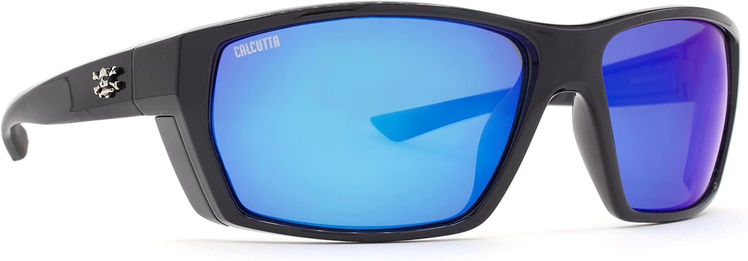 Calcutta Calico Sunglasses Shiny Black Frame Blue Mirror Lens