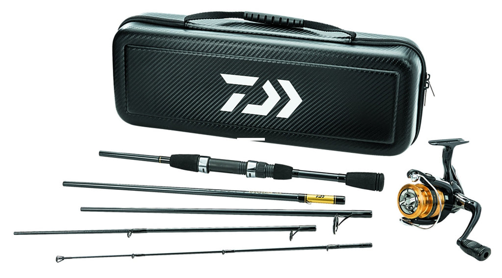 daiwa compact fishing rod reel Daiwa Carbon Case Travel 5pc Rod, Pre-Mounted Spinning Combo, Black