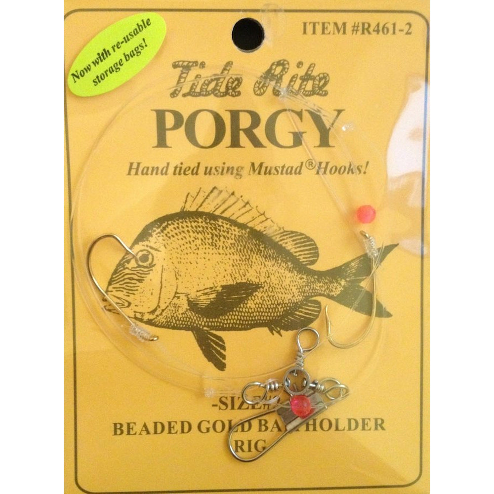 Tide Rite Hand Tied Beaded Gold Baitholder Porgy Rigs, Mustad Wide Gap