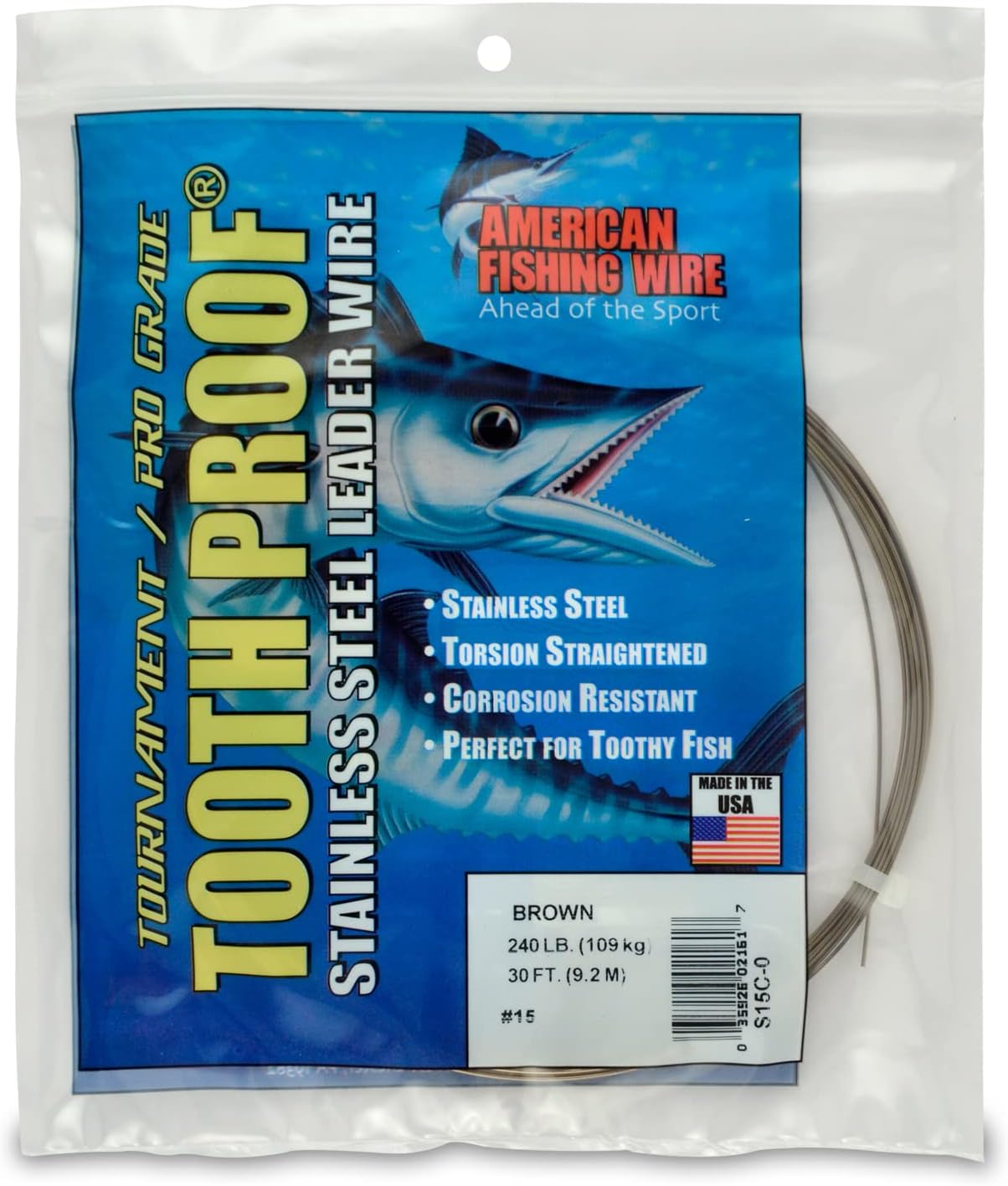 American Fishing Wire Camo ToothProof Single Strand Stainless Steel Leader Wire #15 240 lb 30 ft