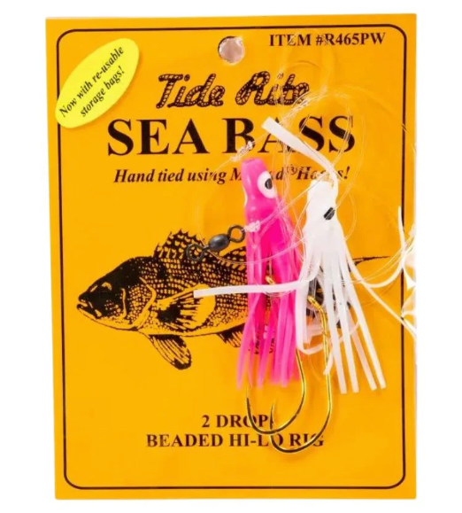 Tide Rite Sea Bass 2-Drop Beaded Hi-Lo Rig Baitholder Hooks, Pink/White